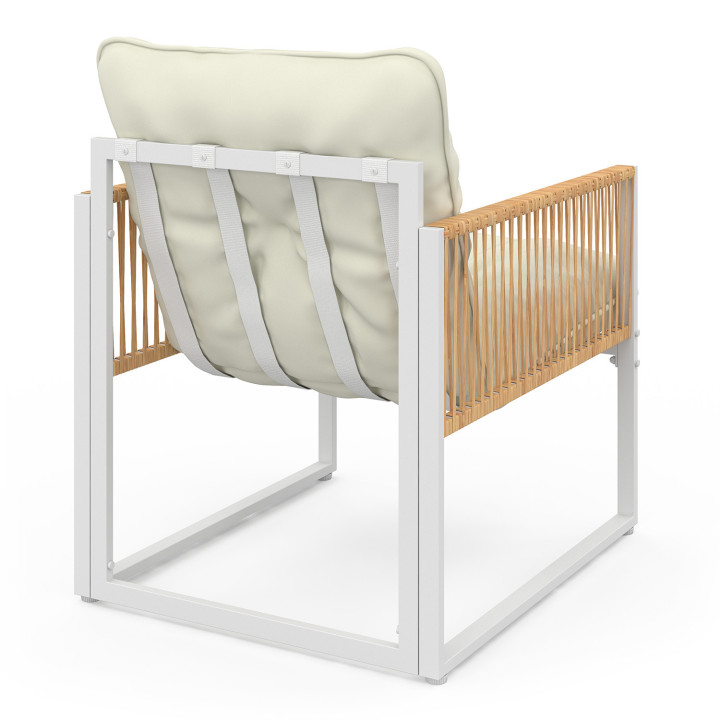 Set di mobili da giardino bassi a 8 posti struttura in metallo bianco, cordame effetto rattan con cuscini beige