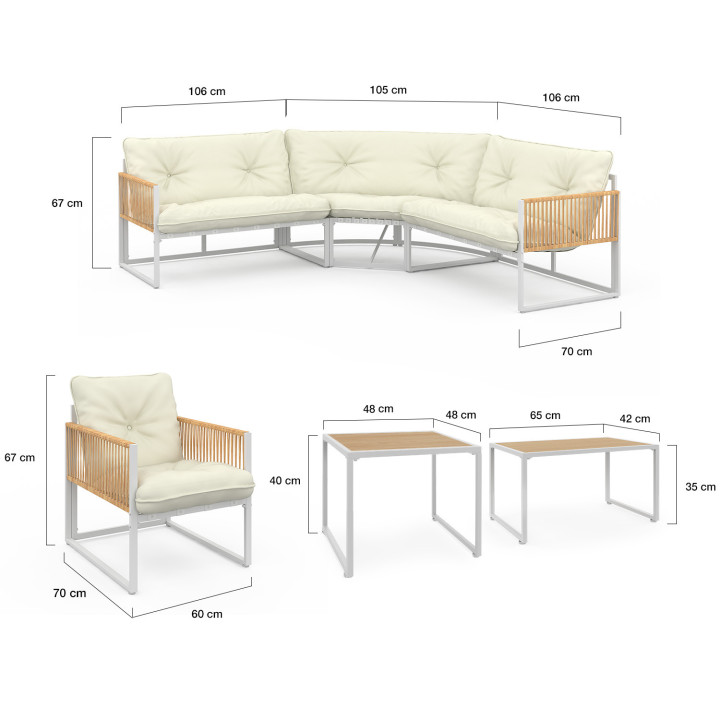 Salon de jardin bas RIO 8 places salon d'angle structure métal blanc et cordage effet rotin avec coussins beige