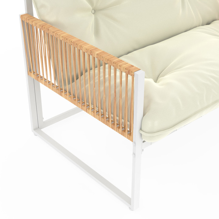 Conjunto de muebles bajos de jardín RIO 8 plazas estructura de metal blanco y cordaje efecto ratán con cojines beige