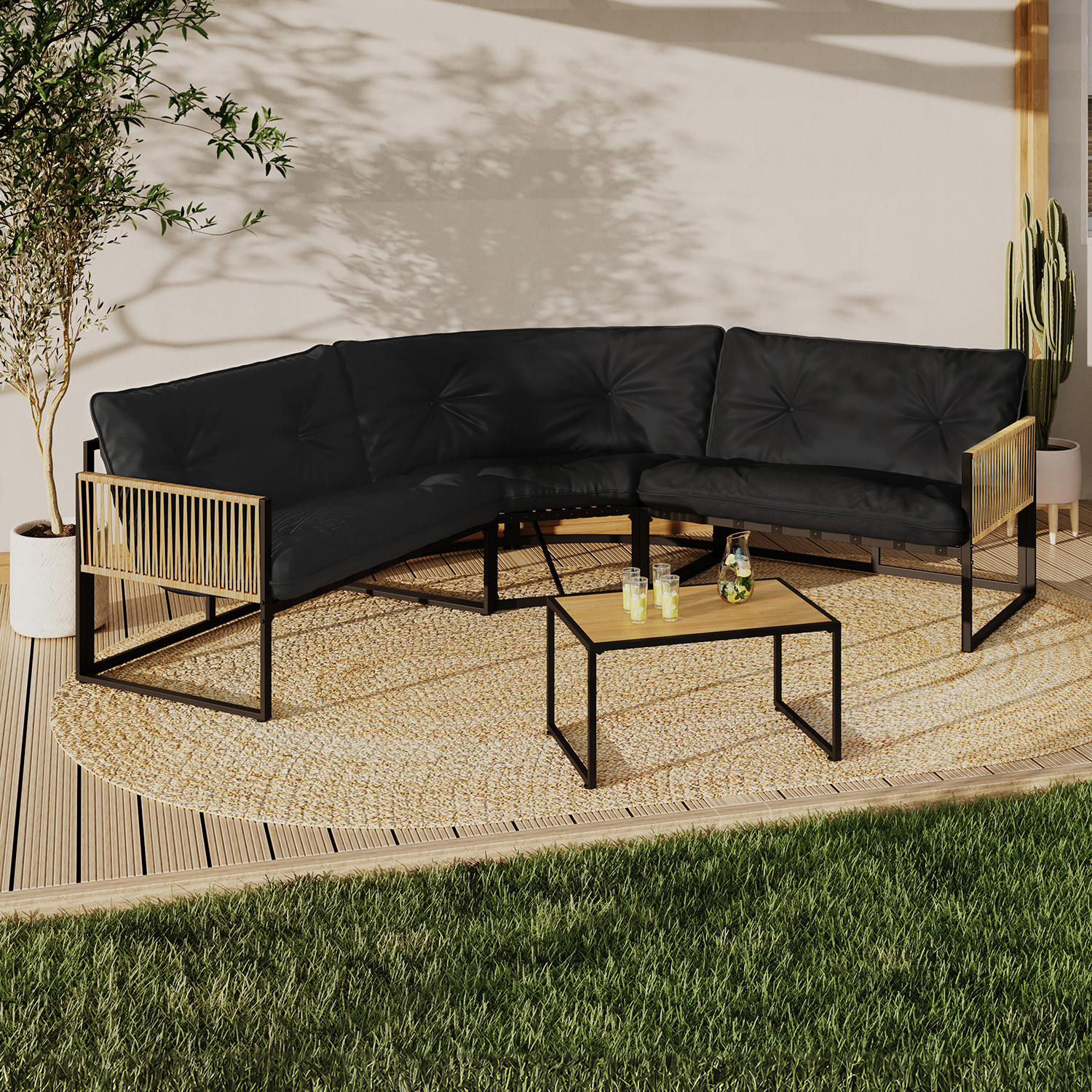 Salon de jardin bas 6 places salon d'angle structure métal noir, cordage effet rotin avec coussins noirs