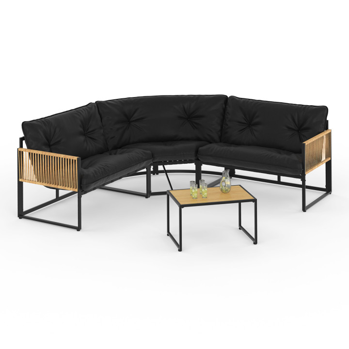 Salon de jardin bas RIO 6 places salon d'angle structure métal et cordage effet rotin avec coussin noir