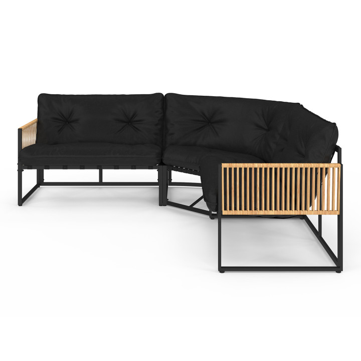 Salon de jardin bas RIO 6 places salon d'angle structure métal et cordage effet rotin avec coussin noir