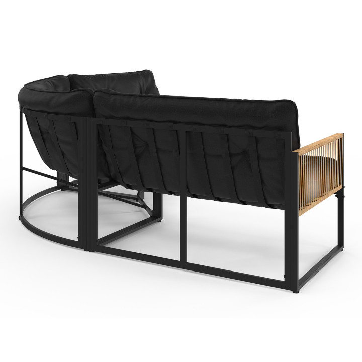 Conjunto de muebles bajos de jardín RIO de 6 plazas con estructura de metal y cordaje efecto ratán y cojines negros