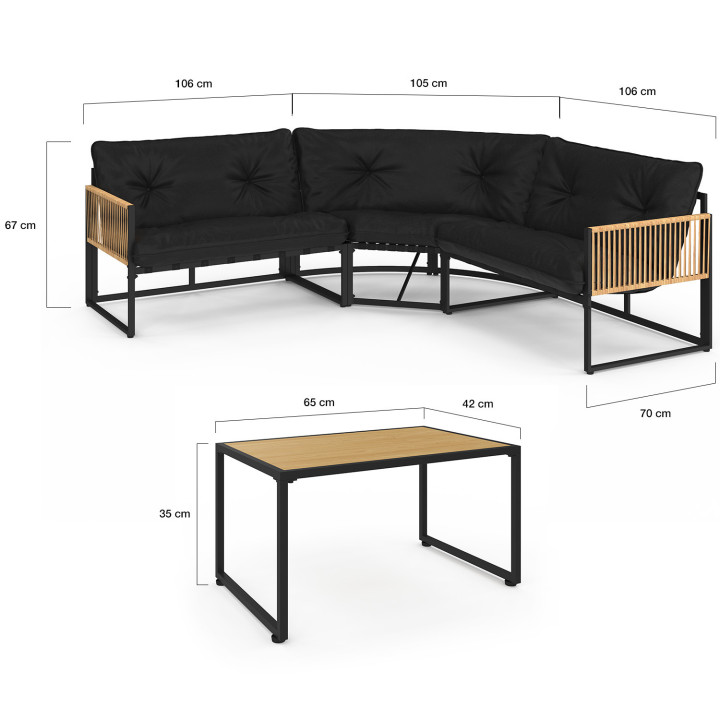 Conjunto de muebles bajos de jardín RIO de 6 plazas con estructura de metal y cordaje efecto ratán y cojines negros