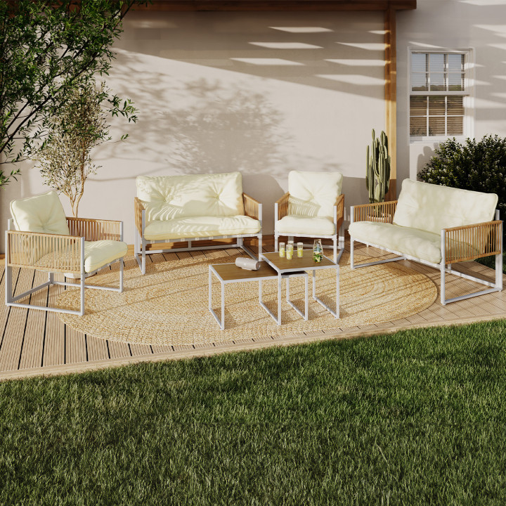 RIO 6-zits lage tuinset met wit metalen frame en rotan-koord en beige kussens