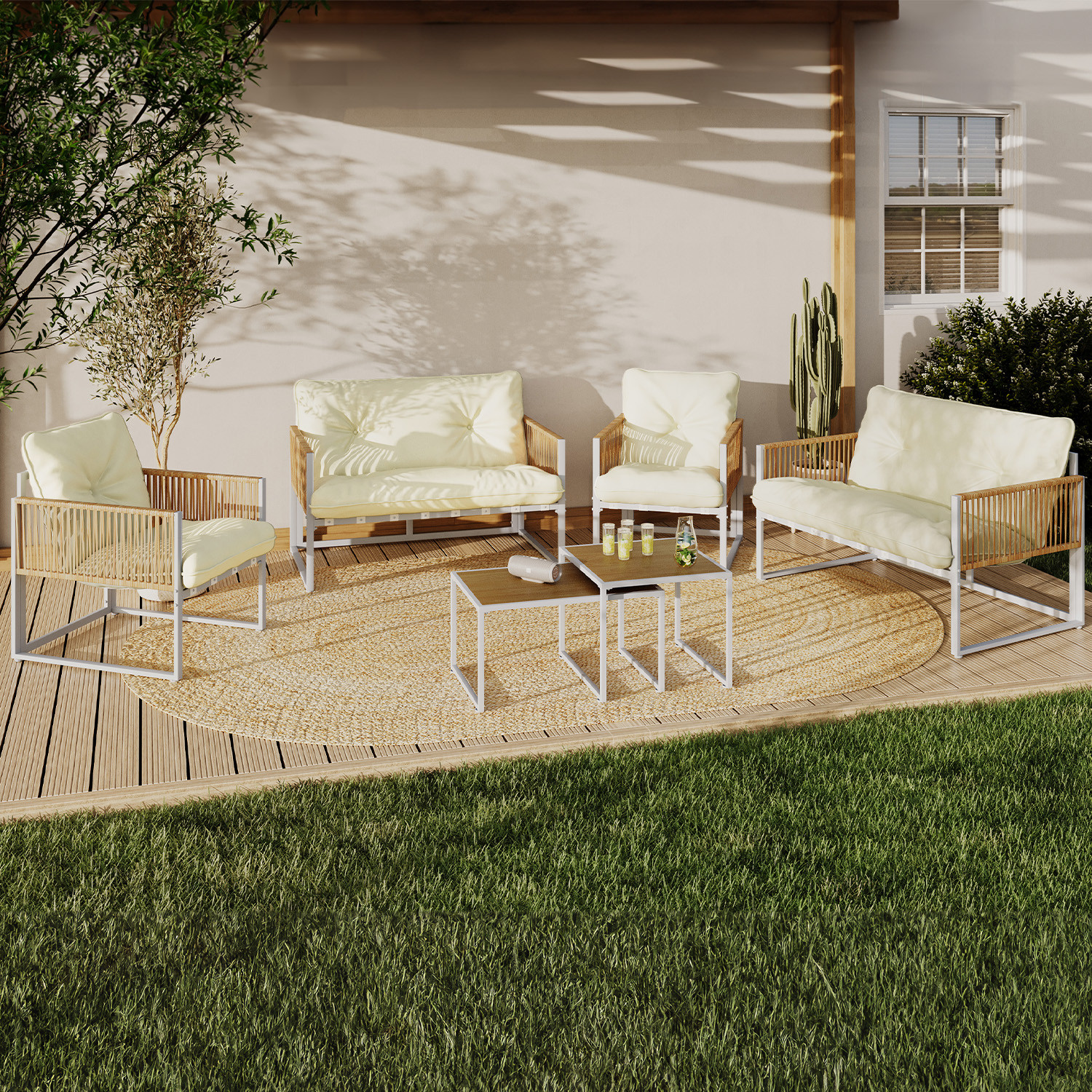 Salon de jardin bas 6 places structure métal blanc et cordage effet rotin avec coussins beige