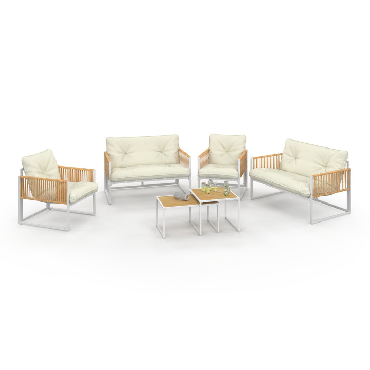 Set di mobili da giardino bassi RIO a 6 posti con struttura in metallo bianco e corde effetto rattan e cuscini beige
