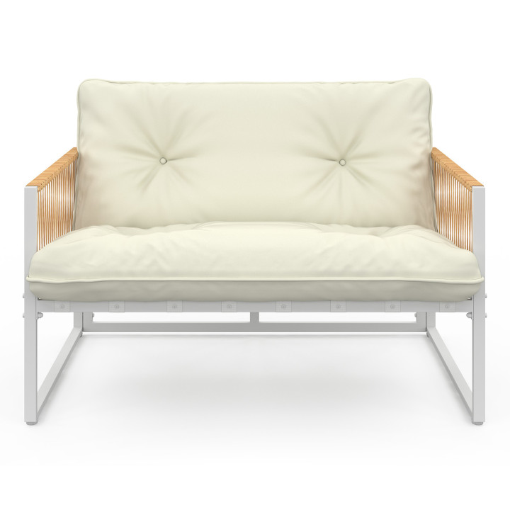 Set di mobili da giardino bassi RIO a 6 posti con struttura in metallo bianco e corde effetto rattan e cuscini beige