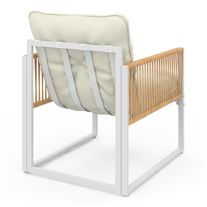 Niedrige Gartenmöbel RIO 6-Sitzer mit weißem Metallgestell und Seilen in Rattanoptik mit beigen Kissen