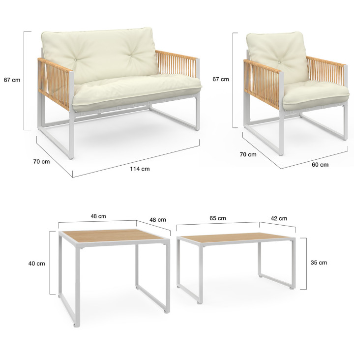 Conjunto de muebles bajos de jardín RIO de 6 plazas con estructura de metal blanco y cordaje efecto ratán y cojines beige