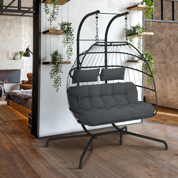 Fauteuil œuf suspendu ajouré 2 places effet rotin gris avec coussin gris