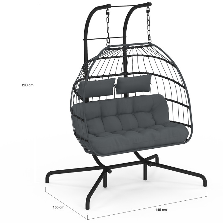Hängesessel Ei durchbrochen 2-Sitzer Rattan-Effekt grau mit grauem Kissen