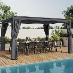 Pergola bioclimatica con lamelle orientabili in acciaio 3x4 m, tende e zanzariera grigio antracite