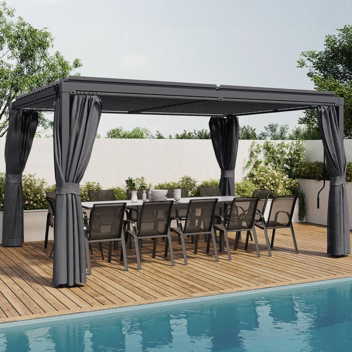 Bioklimatische Pergola mit verstellbaren Lamellen aus Stahl 3x4 M Vorhänge und Fliegengitter anthrazitgrau | IdMarket