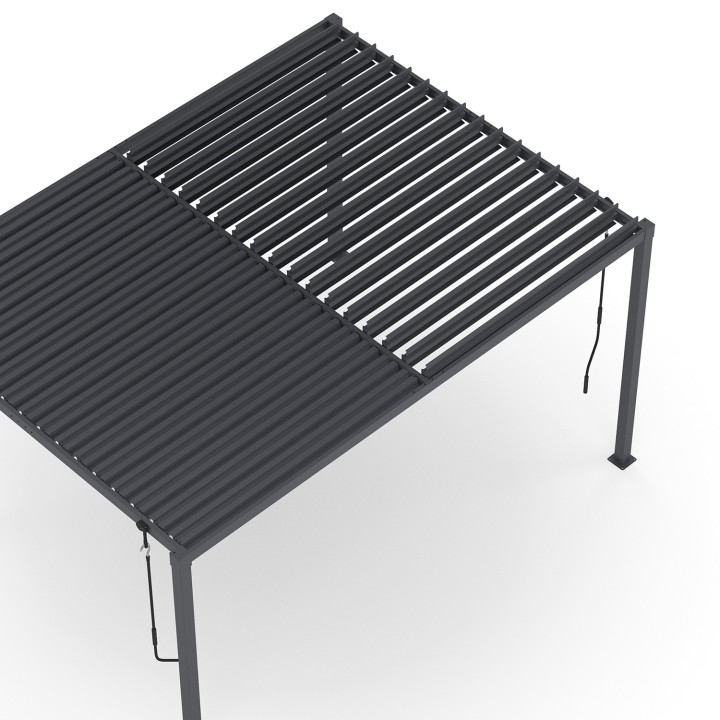 Pergola bioclimatique lames orientables acier 3x4 M rideaux et moustiquaire gris anthracite | IdMarket