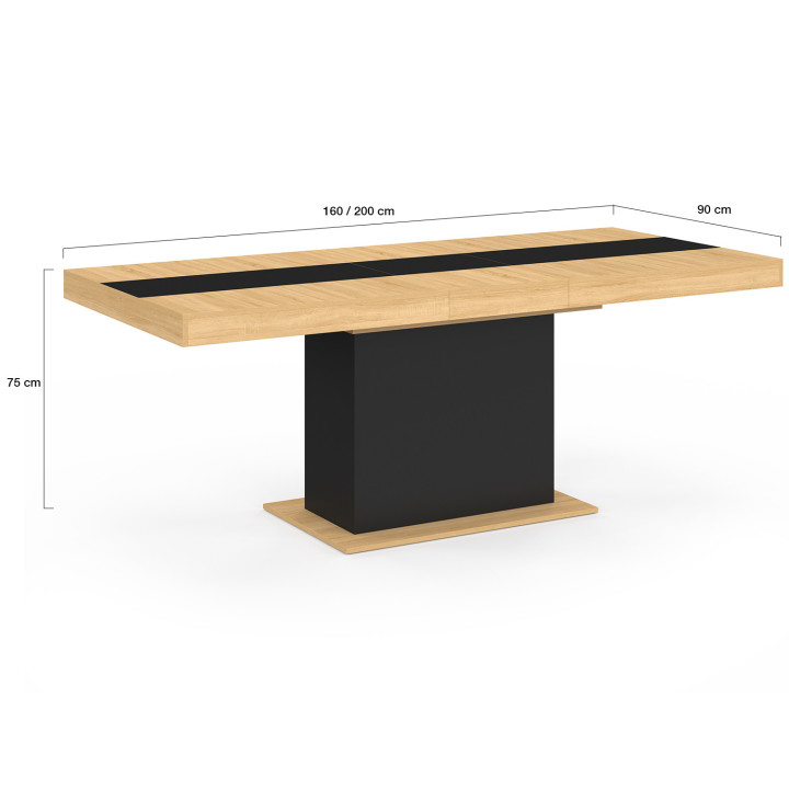 Table à manger extensible rectangle EDEN 6-10 personnes bois et noir bande centrale noire 160-200 cm