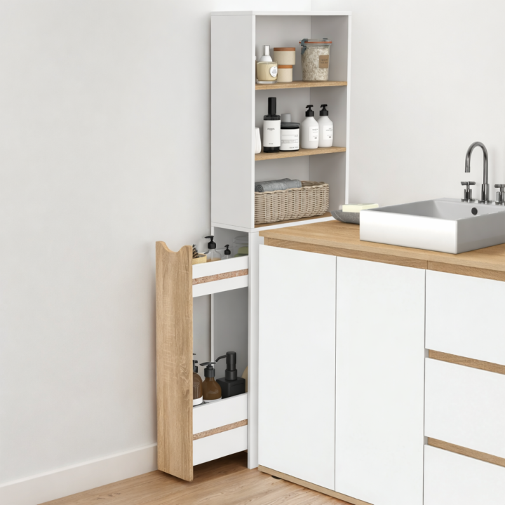 Mueble de baño TOMI de 2 niveles con cajones y 3 estantes en acabado haya y blanco para ahorrar espacio