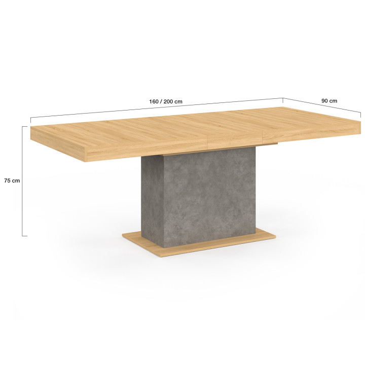 Table à manger extensible rectangle EDEN 6-10 personnes bois et effet béton 160-200 cm