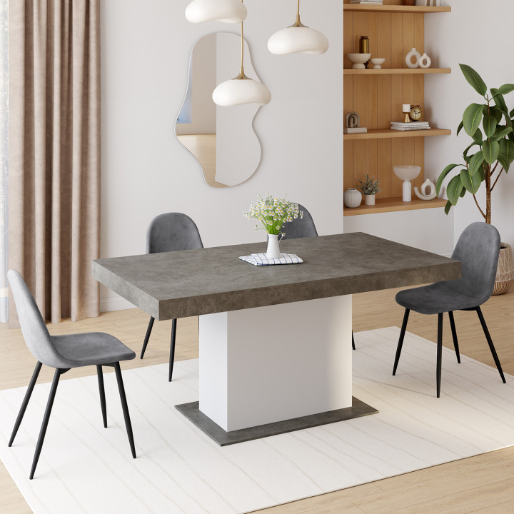 Table à manger extensible rectangle EDEN 6-10 personnes béton et blanc 160-200 cm