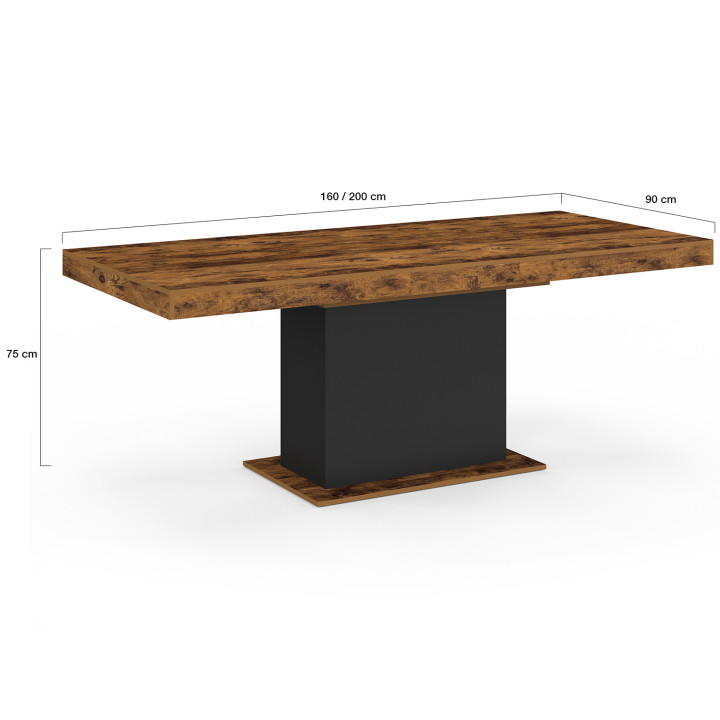 Table à manger extensible rectangle EDEN 6-10 personnes bois effet vieilli et noir 160-200 cm