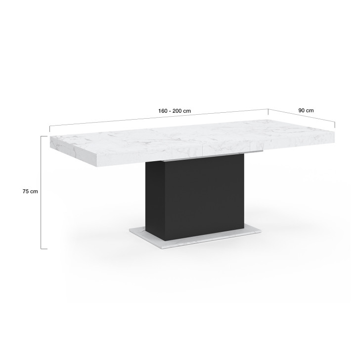Table à manger extensible rectangle EDEN 6-10 personnes plateau effet marbre blanc ALASKA et noir 160-200 cm