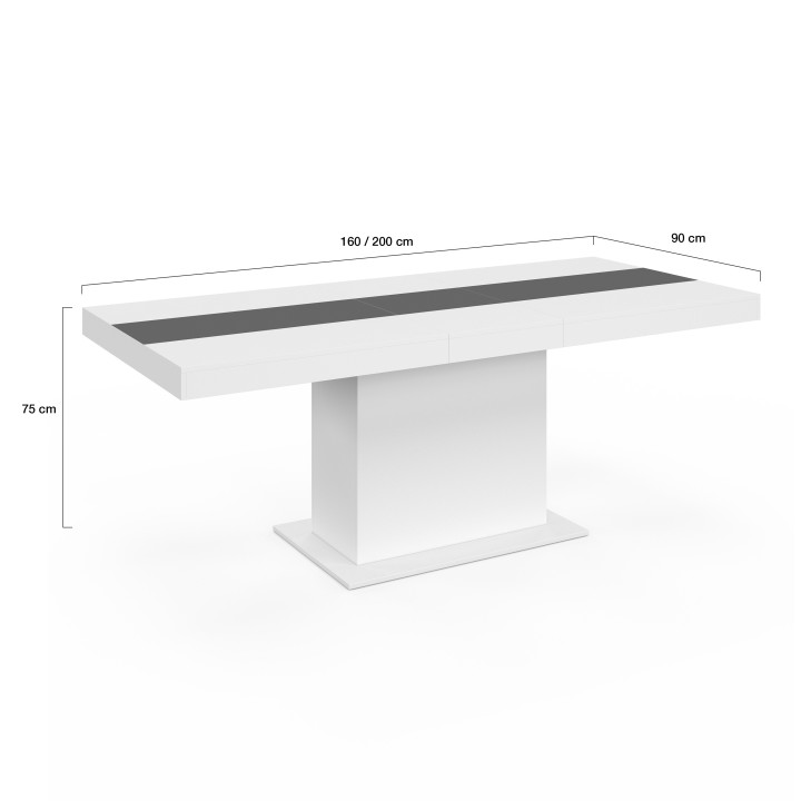 Table à manger extensible rectangle EDEN 6-10 personnes blanche et bande centrale grise 160-200 cm