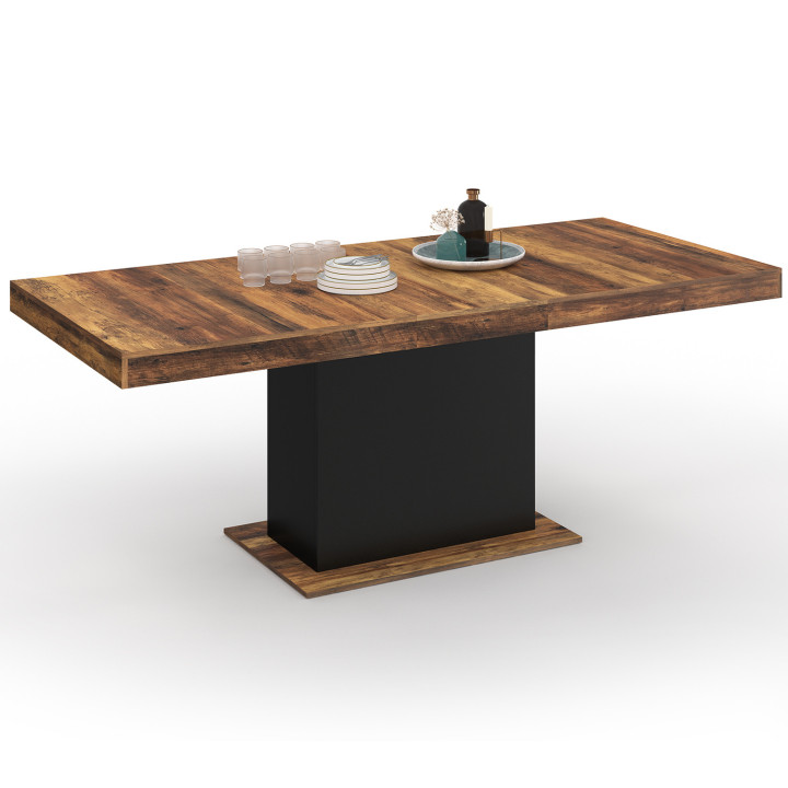 Table à manger extensible rectangle EDEN 6-10 personnes plateau HAWKINS bois foncé et noir 160-200cm