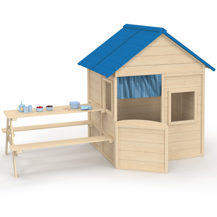 Casetta in legno per bambini ODYSSEY, casetta da esterno con tavolo da picnic incorporato