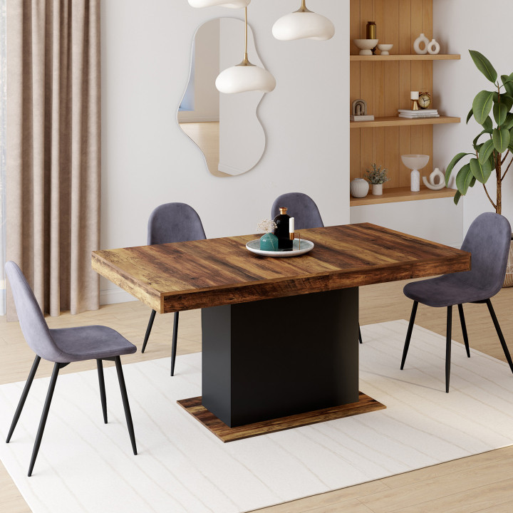 Table à manger extensible rectangle EDEN 6-10 personnes plateau HAWKINS bois foncé et noir 160-200cm
