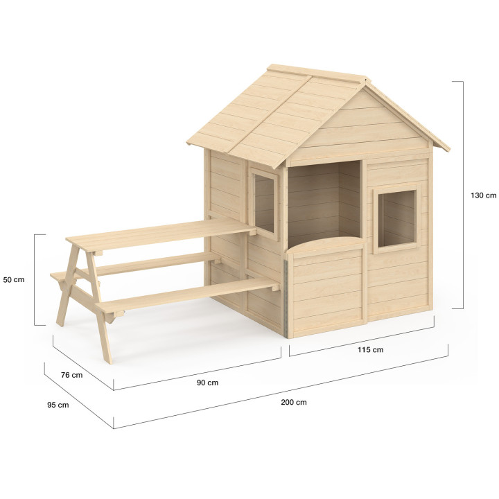 Maisonnette enfant en bois ODYSSEY, cabane de jeux extérieure avec table de pique-nique intégrée