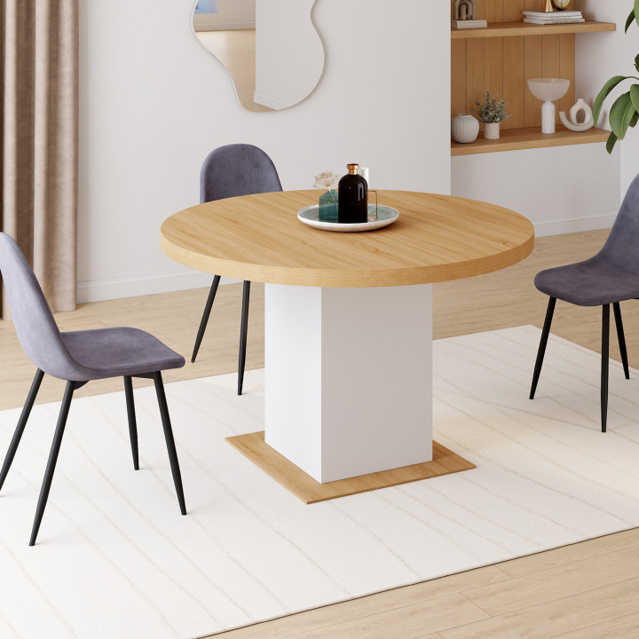 Table à manger extensible ronde EDEN 4-8 personnes bois et blanc 120-160 cm