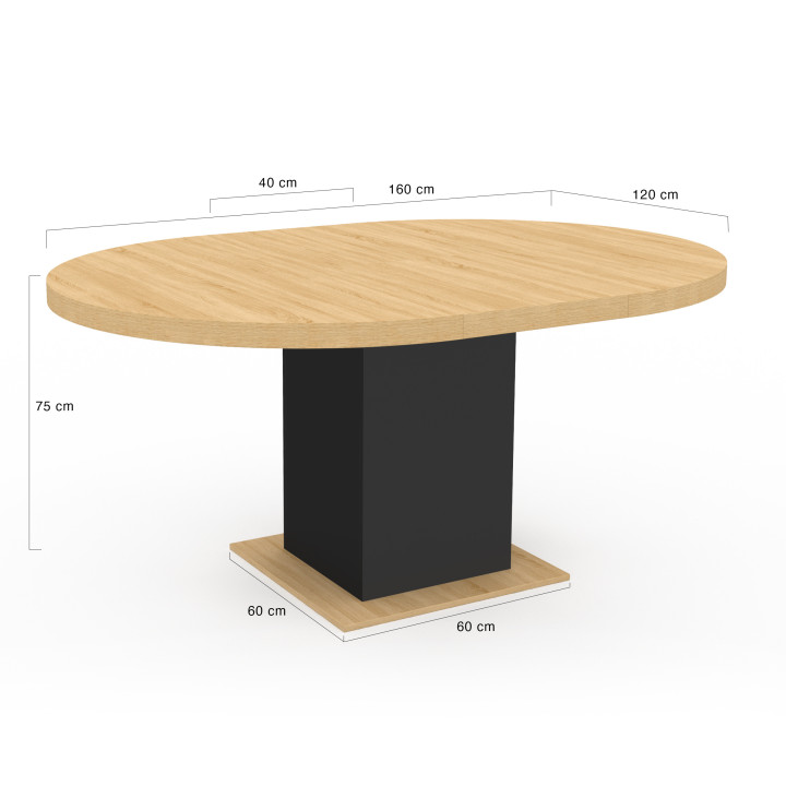 Table à manger extensible ronde EDEN 4-8 personnes bois et noir 120-160 cm