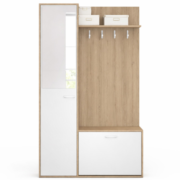 Garderobe met schoenenopberger, spiegel, kast en zwarte planken met houteffect - MAHAUT | ID Market