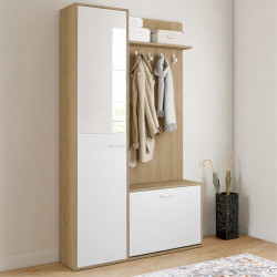 Vestiaire d'entrée rangement chaussures avec miroir et étagères MAHAUT 1 porte effet bois et blanc