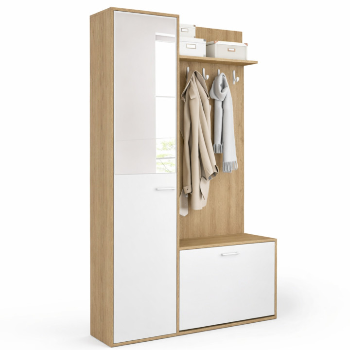 Garderobe met schoenenopberger, spiegel, kast en zwarte planken met houteffect - MAHAUT | ID Market