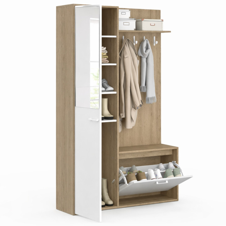 Garderobe im Eingangsbereich mit Schuhablage, Spiegel, Schrank und Regalen in Holz- und Schwarzeffekt - MAHAUT | ID Market