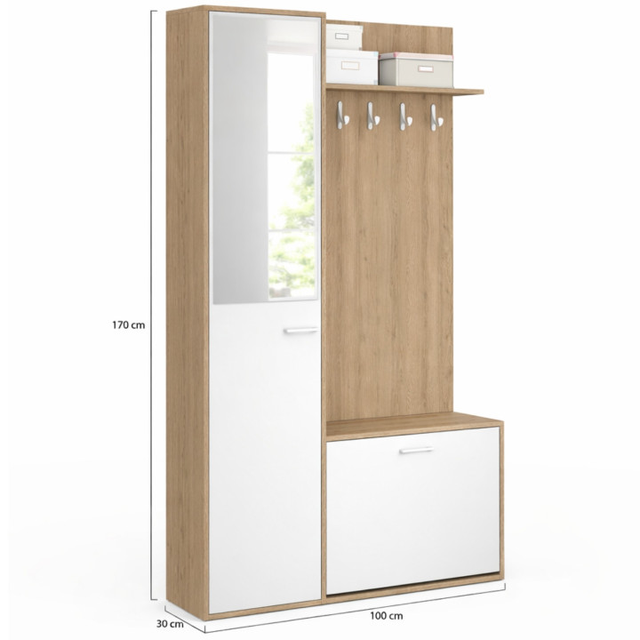 Vestiaire d'entrée rangement chaussures avec miroir et étagères MAHAUT 1 porte effet bois et blanc