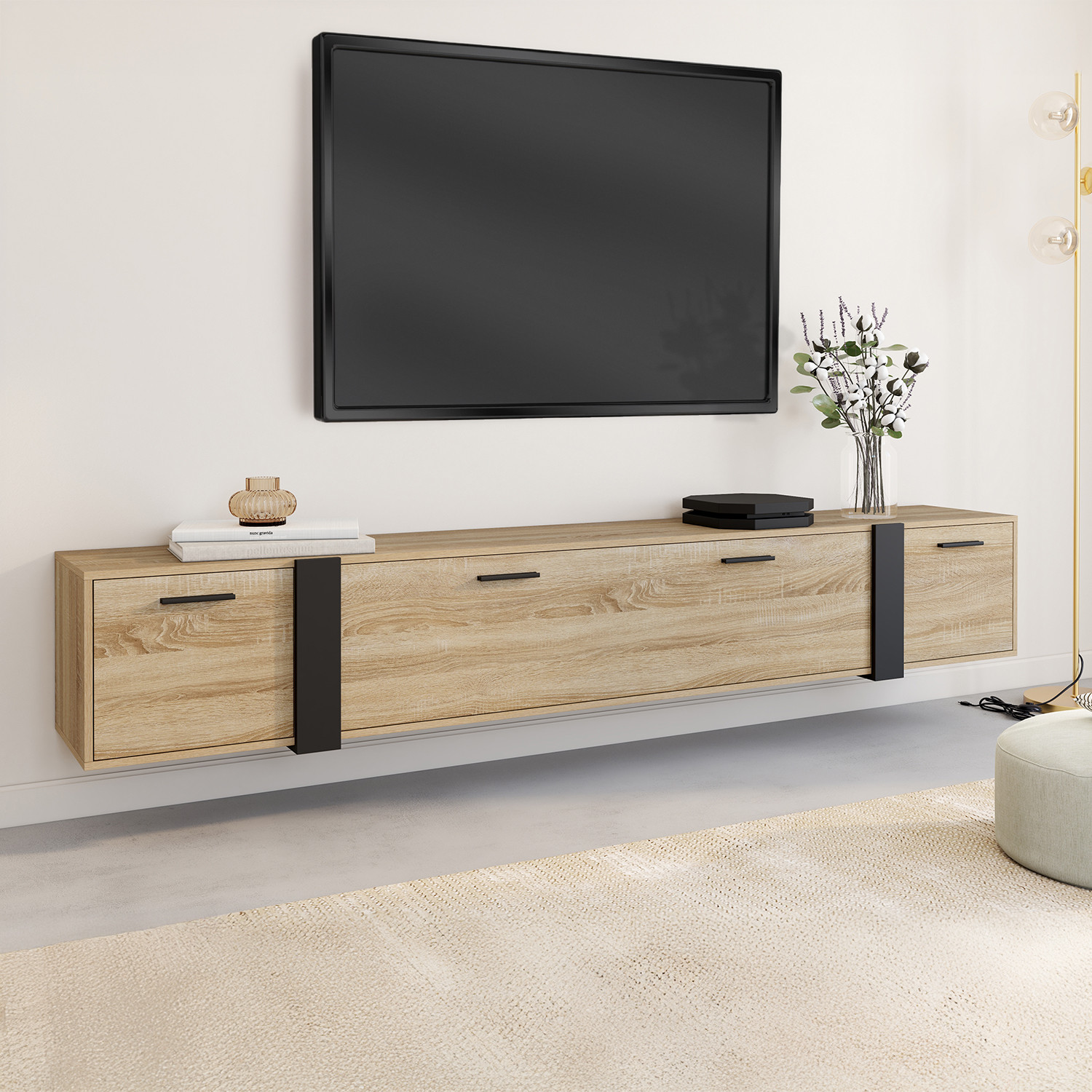 Meuble TV 180 cm suspendu 3 portes design industriel