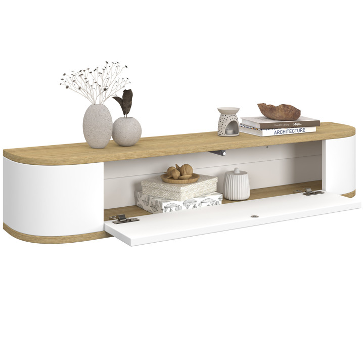 LEORA 1-deurs wandconsole met houtdecor in wit en houtdecor