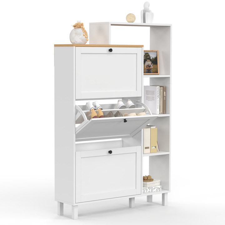 Meuble à chaussures 18 paires ACHILLE 3 portes blanc et plateau bois avec étagère