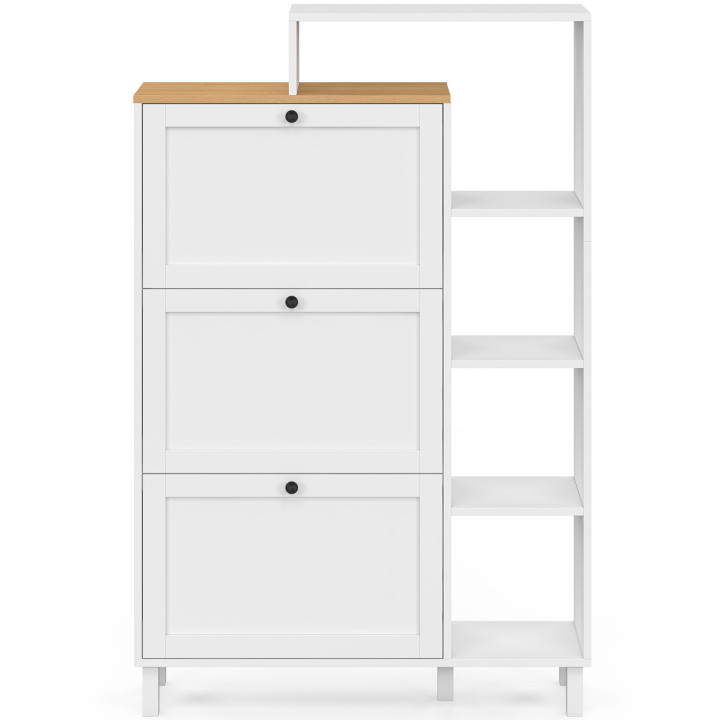 ACHILLE 18-paar wit 3-deurs schoenenrek met houten bovenblad en legplank