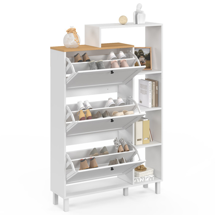 ACHILLE 18-paar wit 3-deurs schoenenrek met houten bovenblad en legplank