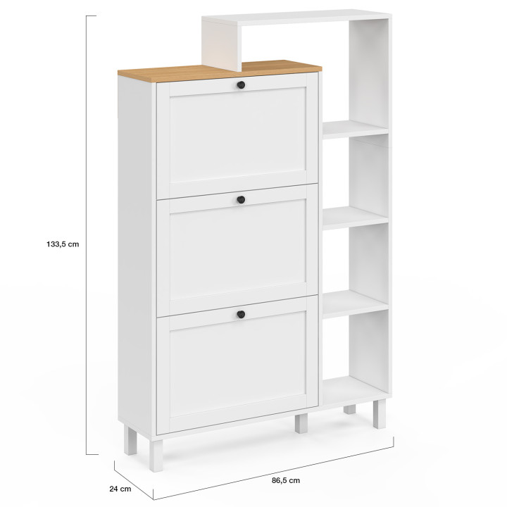 ACHILLE 18 pares de zapatero blanco de 3 puertas con tapa y estante de madera