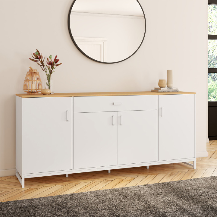 Buffet 180 cm WASHINGTON XXL 4 portes et 1 tiroir bois et blanc