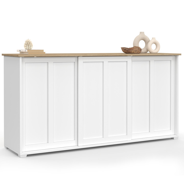 Credenza JANGO 160 cm con 3 ante scorrevoli bianche e piano in legno