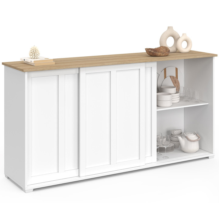 Credenza JANGO 160 cm con 3 ante scorrevoli bianche e piano in legno