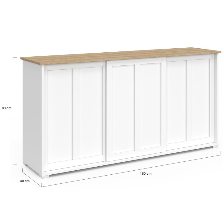 Credenza JANGO 160 cm con 3 ante scorrevoli bianche e piano in legno