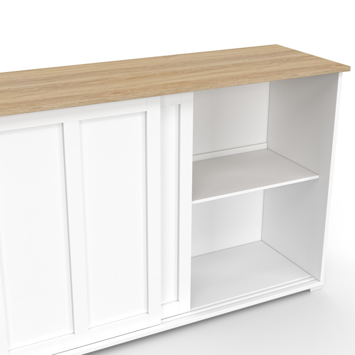 Credenza JANGO 160 cm con 3 ante scorrevoli bianche e piano in legno