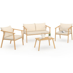Niedrige Gartenmöbel für 4 Personen mit Metallgestell in Holzoptik, Riemen und Kissen in Beige - MALTE | IdMarket