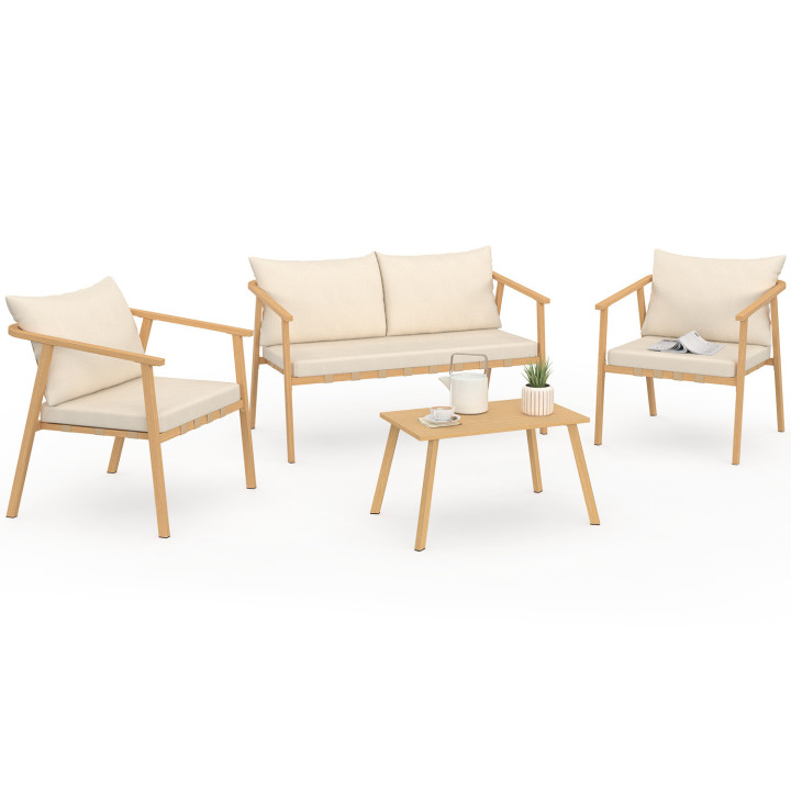 Conjunto de muebles bajos de jardín MALTA, 4 plazas, estructura metálica efecto madera, listones y cojines beige